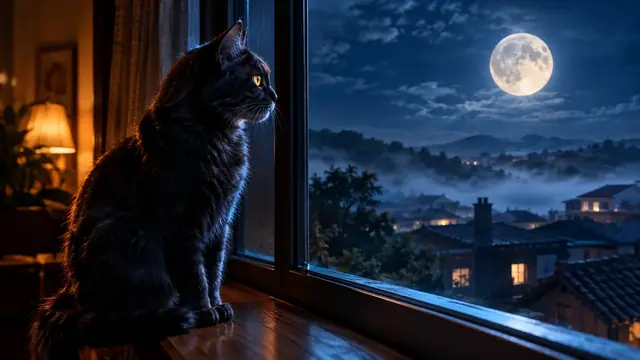 Gato de pelagem escura sentado no parapeito de uma janela à noite, com olhos dourados brilhando e a lua cheia ao fundo
