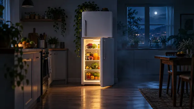 Geladeira branca com a porta aberta numa cozinha escura, prateleiras cheias de frutas e potes iluminadas por luz suave