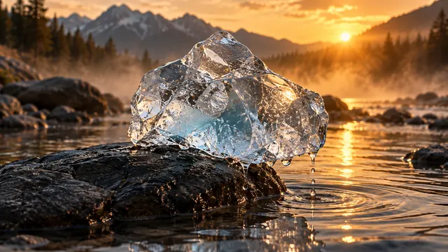 Transparent block of ice melting on a dark stone, with drops falling and golden late-afternoon light in the background