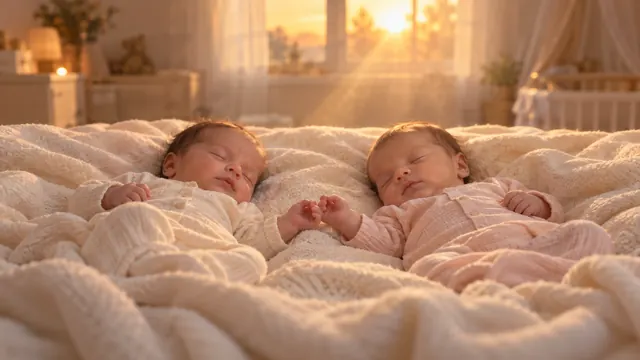 Dois bebês gêmeos dormindo lado a lado sobre uma manta clara, iluminados por uma luz dourada suave de fim de tarde