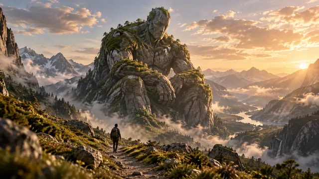 Gigante de pedra coberto de musgo sentado entre montanhas enevoadas ao entardecer, visto de longe por uma pequena figura num caminho