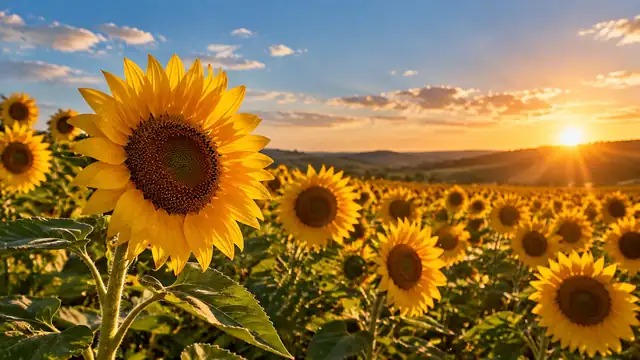 Campo de girassóis ao pôr do sol, com uma flor grande em primeiro plano e o sol baixo sobre as colinas