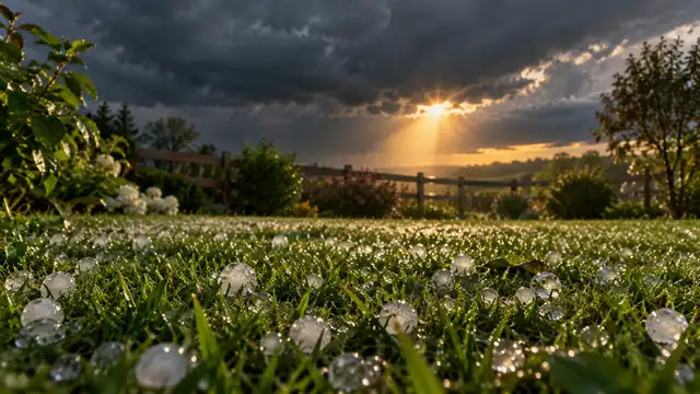 Hailstones scattered across the wet grass of a garden, with dark storm clouds and rays of sunlight breaking through on the horizon