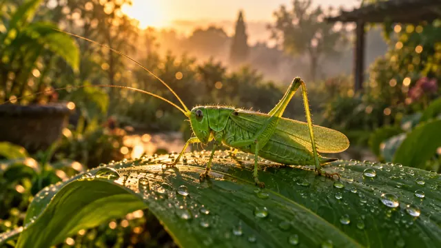 Grillo verde posado en una hoja ancha al atardecer, con gotas de rocío y fondo dorado desenfocado