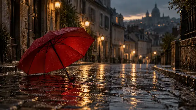 Guarda-chuva vermelho aberto caído sobre uma rua de pedras molhada à noite, refletindo as luzes amarelas dos postes e das casas antigas