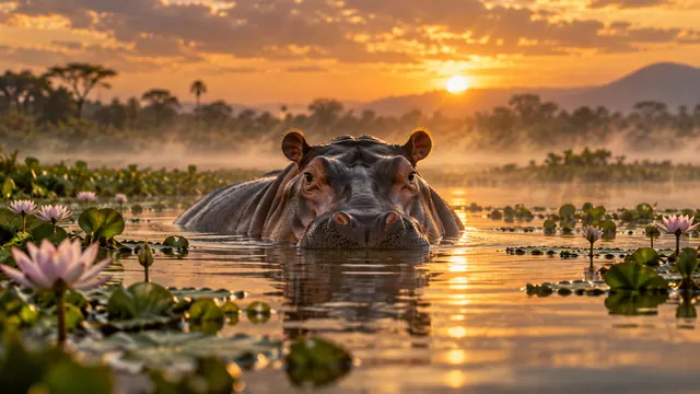 Hipopótamo medio sumergido en un río tranquilo entre plantas acuáticas, bajo neblina suave y luz dorada de final de tarde