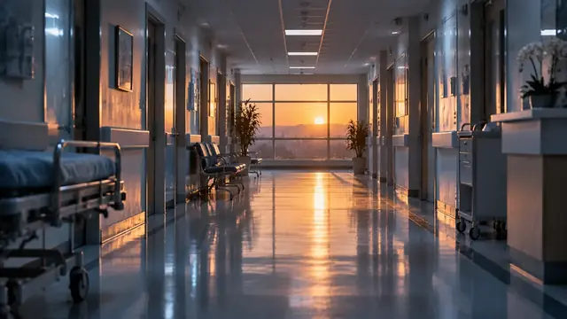 Corredor de hospital vazio e silencioso à noite, com luz suave azulada e uma janela no fim por onde entra a claridade do amanhecer
