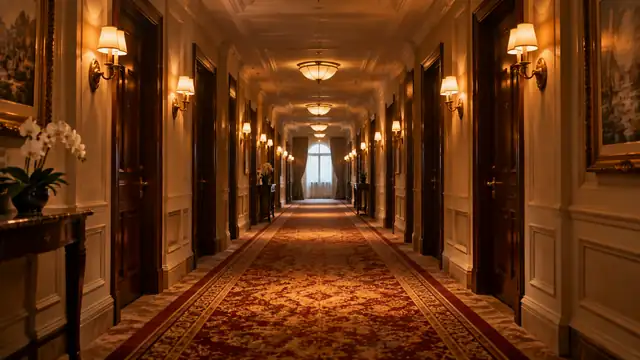 Long hallway of an old hotel with patterned carpet and lit wall sconces, closed doors on both sides and soft warm light
