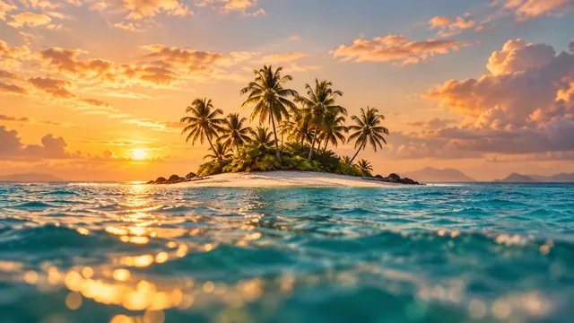 Small tropical island with palm trees surrounded by turquoise water, seen from above in soft morning light