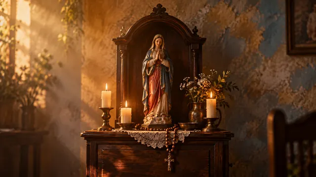 Pequena imagem de santo em gesso pintado sobre um oratório de madeira, iluminada por velas, com névoa suave e luz dourada