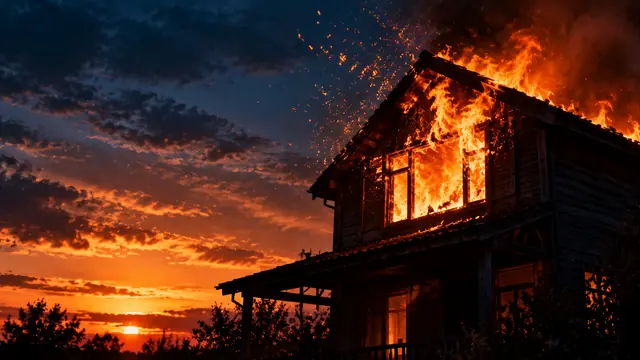 Silhouette of a wooden house at dusk with orange flames coming out of an upstairs window and sparks rising into the dark blue sky