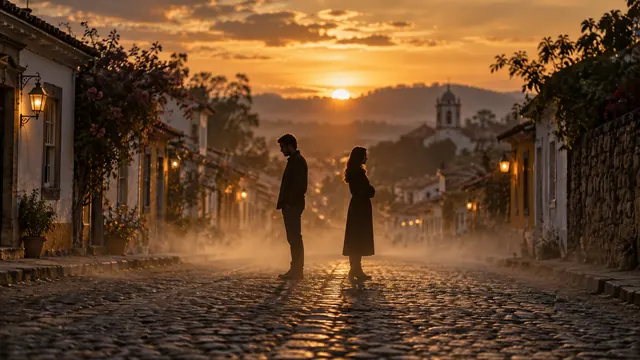 Duas silhuetas de costas uma para a outra numa rua vazia ao entardecer, envoltas em névoa dourada