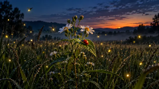 Primer plano de varios insectos pequeños caminando por una pared clara cerca de una lámpara encendida de noche, con luz cálida y algo granulada