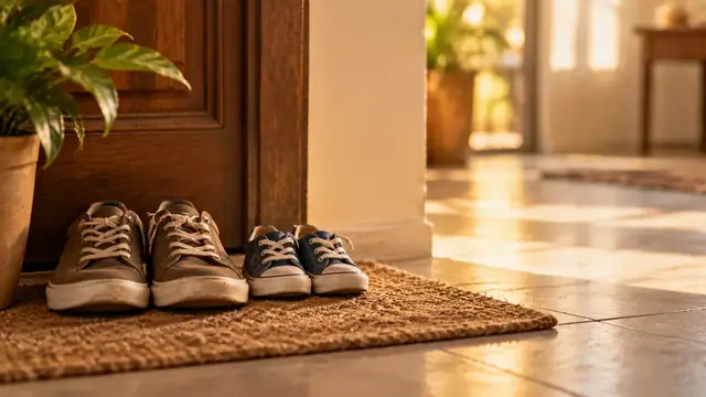 Dois pares de sapatos de tamanhos diferentes lado a lado na entrada de uma casa com luz quente, sem pessoas