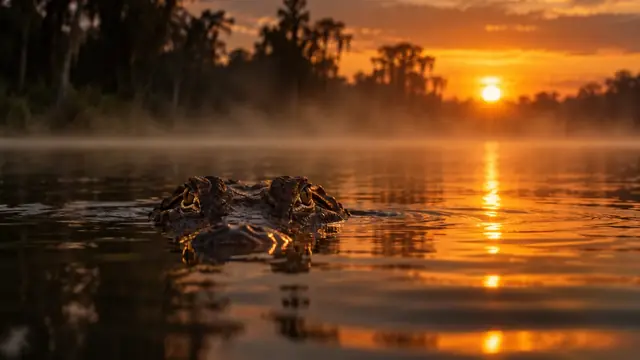 Olhos e focinho de um jacaré aparecendo na superfície de um rio escuro e calmo ao entardecer, com reflexo dourado na água