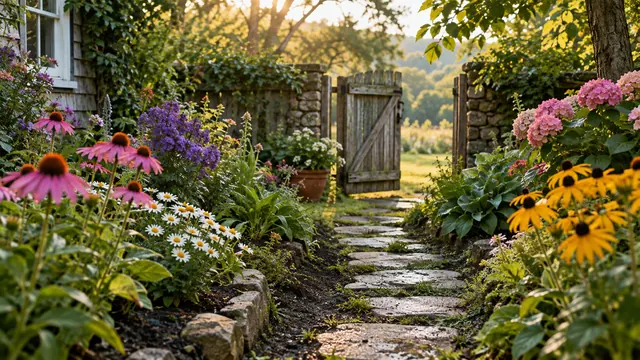 Jardim de casa com canteiros floridos, caminho de pedras e um portão de madeira aberto ao fundo, luz suave de fim de tarde