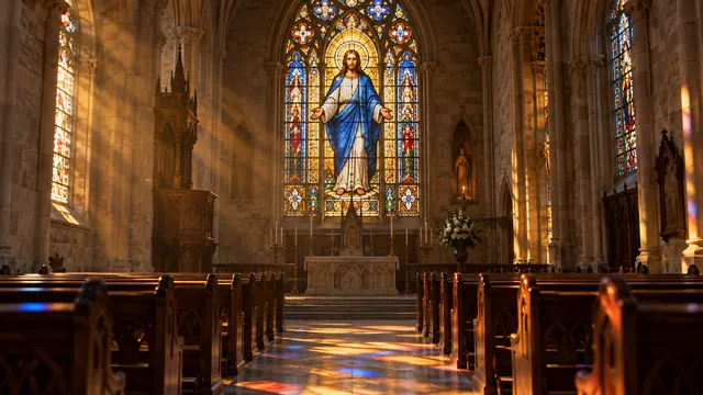 Vitral de igreja com a figura tradicional de Jesus de túnica branca e manto azul, iluminado pela luz dourada do fim de tarde