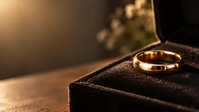 Simple gold ring on dark velvet catching a soft highlight, with no marks or logos