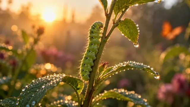 Oruga verde subiendo por un tallo con hojas cubiertas de rocío, al amanecer, con el fondo desenfocado en tonos dorados