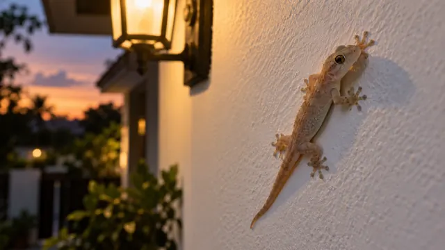 Lagartixa clara parada na parede branca de uma varanda ao entardecer, perto de uma lâmpada acesa, com sombra suave