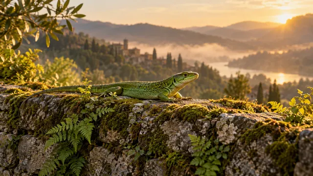 Lagarto verde tomando el sol sobre un antiguo muro de piedra, con helechos y luz dorada de final de tarde al fondo