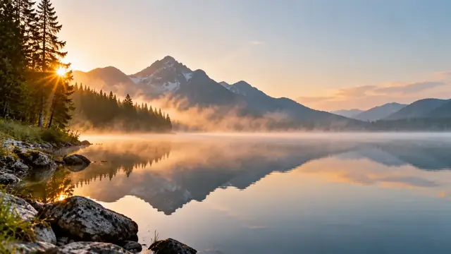 Lago de montanha calmo ao amanhecer com reflexos de espelho e neblina leve