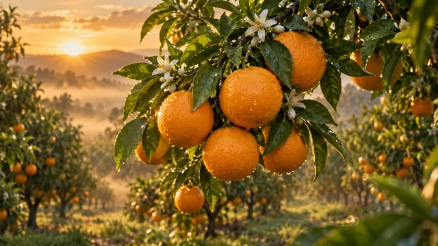 Laranjeira carregada de laranjas maduras num pomar, iluminada pela luz dourada do fim da tarde e envolta em névoa suave