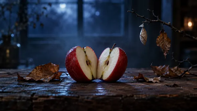Fruta demasiado madura dejada sobre una mesa de madera con pequeñas larvas blancas alrededor, iluminada por una luz tenue de cocina