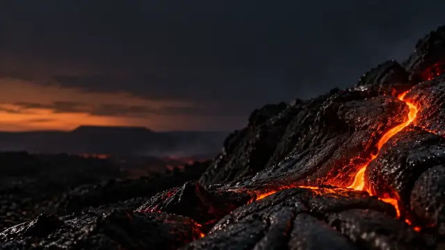 Dark volcanic rock with a thin crack glowing orange at night, a dramatic scene with no violence