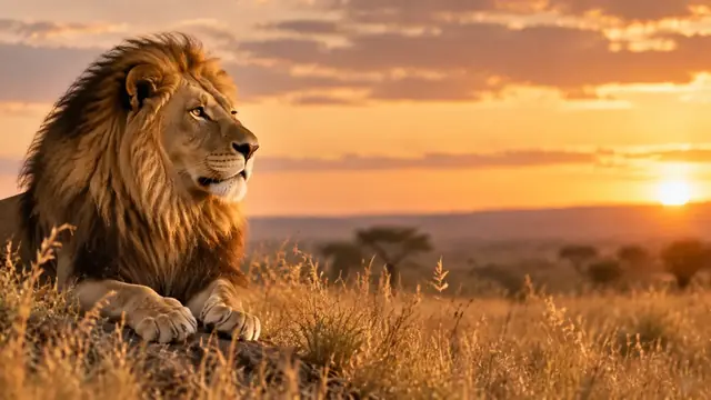 Leão descansando no capim alto dourado ao pôr do sol, cena calma e majestosa com o animal olhando para longe