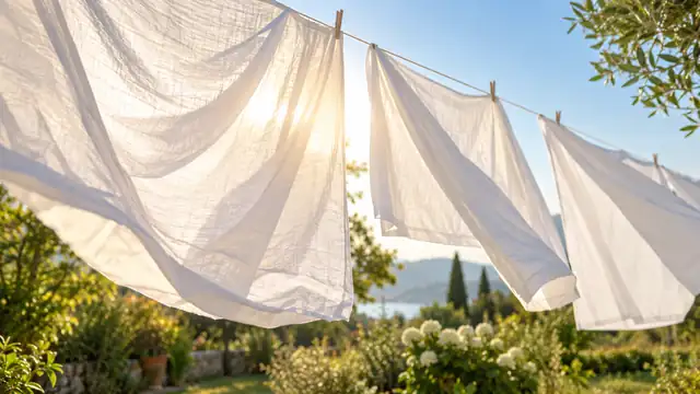 Lençóis brancos estendidos num varal ao ar livre, balançando ao vento sob o sol, com um jardim verde e céu azul ao fundo