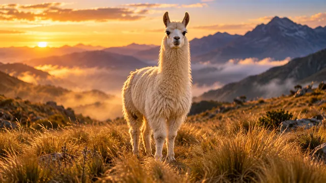 Llama blanca de lana esponjosa en un campo andino cubierto de neblina, con montañas al fondo bajo la luz dorada del final de la tarde