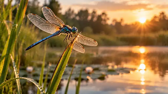 Libélula azul posada en un tallo a la orilla de un lago al atardecer, con el sol reflejado en el agua