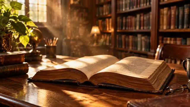 Livro antigo aberto sobre uma mesa de madeira numa biblioteca, com estantes cheias de livros e luz dourada entrando pela janela