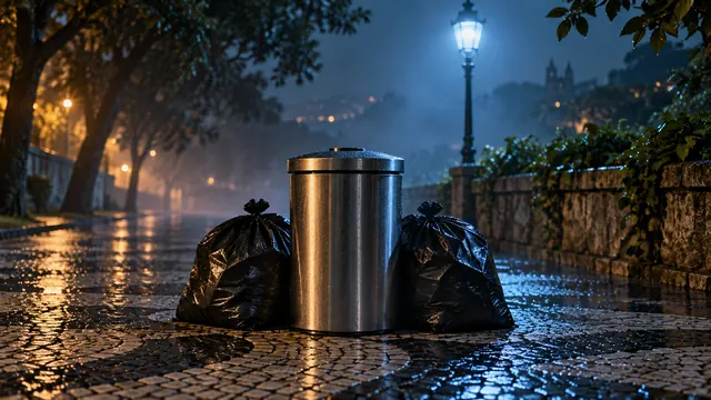 Lixeira de metal com tampa ao lado de sacos fechados numa calçada molhada, sob a luz azulada de um poste à noite