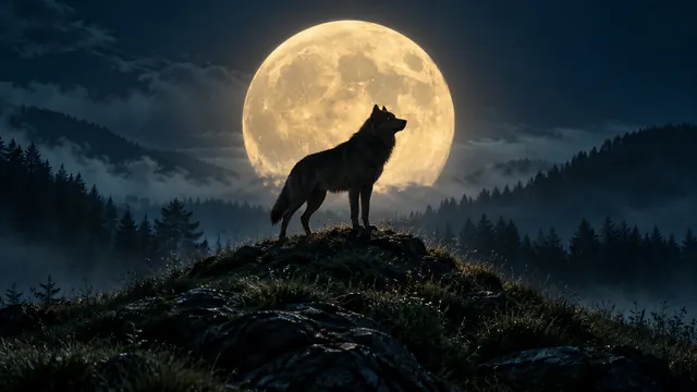 Silhueta de um lobo sobre uma colina na floresta, diante de uma grande lua cheia, com névoa azulada entre as árvores