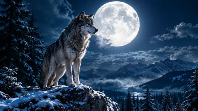 Lobo cinzento em pé sobre uma pedra numa floresta nevada à noite, iluminado pela lua cheia, olhando para o horizonte