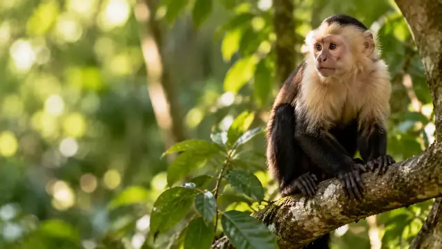 Macaco sentado em um galho de árvore em uma floresta tropical verde com luz suave e olhar curioso