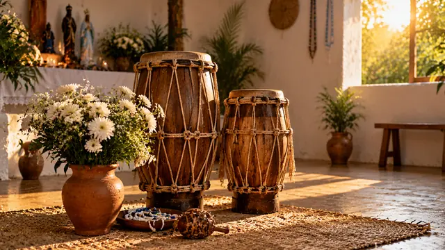 Atabaques de madeira e um vaso de flores brancas sobre esteira de palha num terreiro simples de paredes brancas, com imagens de santos num altar ao fundo, luz de fim de tarde entrando pela janela