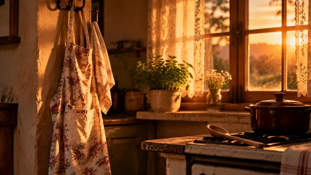 Floral cloth apron hanging on a hook in an old kitchen, next to a window with golden late-afternoon light and a wooden spoon resting on the stove
