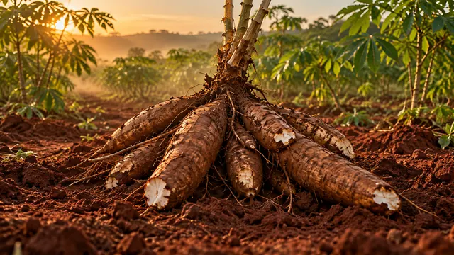 Raízes de mandioca recém-arrancadas sobre terra vermelha, com a planta ao fundo e luz dourada de fim de tarde