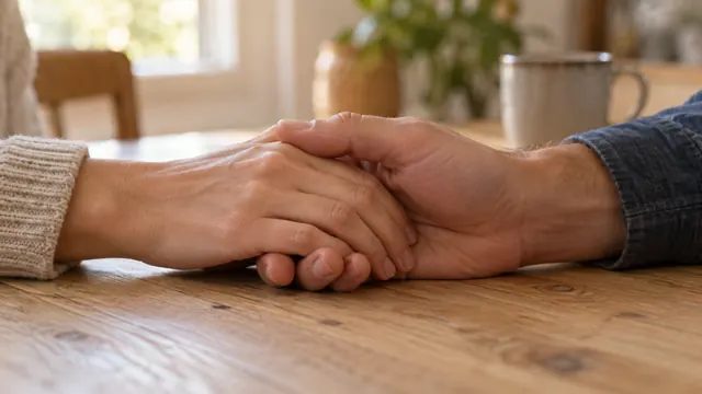 Duas mãos adultas se encontrando sobre uma mesa de madeira clara, uma segurando a outra com delicadeza, luz natural suave vinda de uma janela