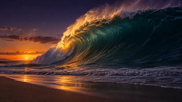 Onda gigante se erguendo sobre uma praia vazia ao entardecer, com a crista iluminada por luz dourada e céu violeta