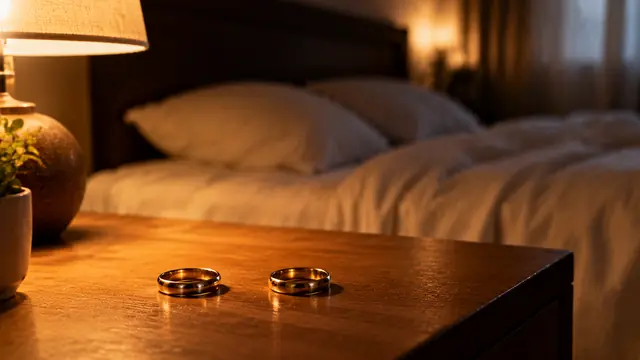 Duas alianças douradas sobre a mesa de cabeceira de madeira, uma afastada da outra, luz quente de abajur e cama de casal desfocada ao fundo