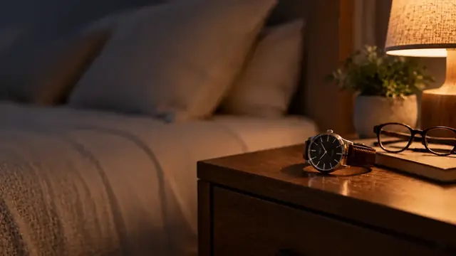 Relógio de pulso e óculos de leitura sobre uma mesa de cabeceira com luz suave de fim de tarde, sem rostos