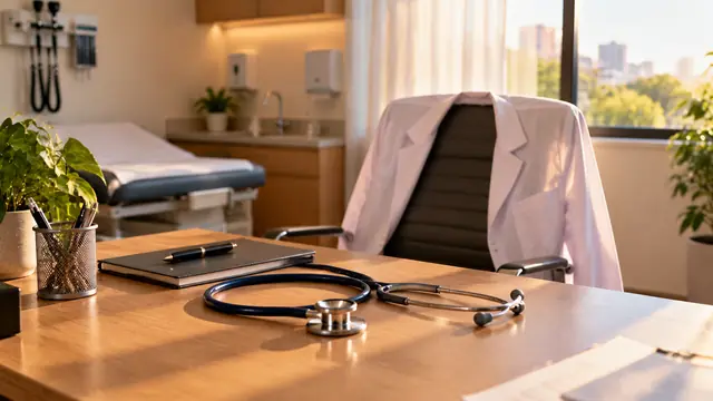 A stethoscope on the desk of an empty doctor's office, a white coat hanging on the back of the chair and natural light coming through the window