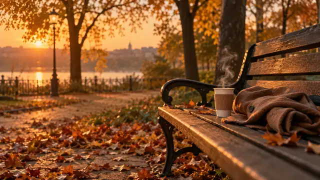Banco vazio de praça ao entardecer com um casaco dobrado e um copo de café quente, sob luz dourada entre as árvores