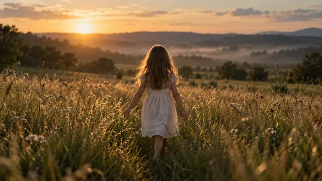 Menina de vestido claro, vista de costas, caminhando num campo de capim alto ao entardecer, com névoa leve e luz dourada