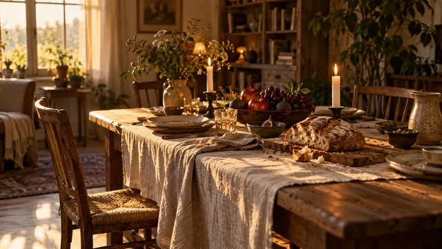 Mesa rústica de madeira posta com pães, frutas e velas acesas numa sala iluminada pela luz dourada do fim de tarde