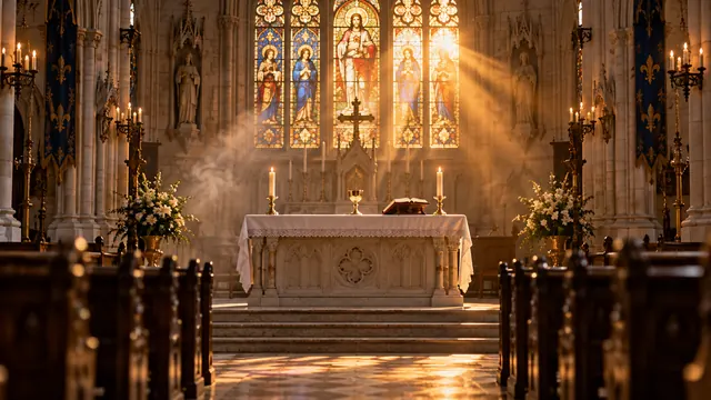 Church altar with a golden chalice and lit candles, illuminated by the colored light of a stained-glass window, with empty wooden pews in the foreground